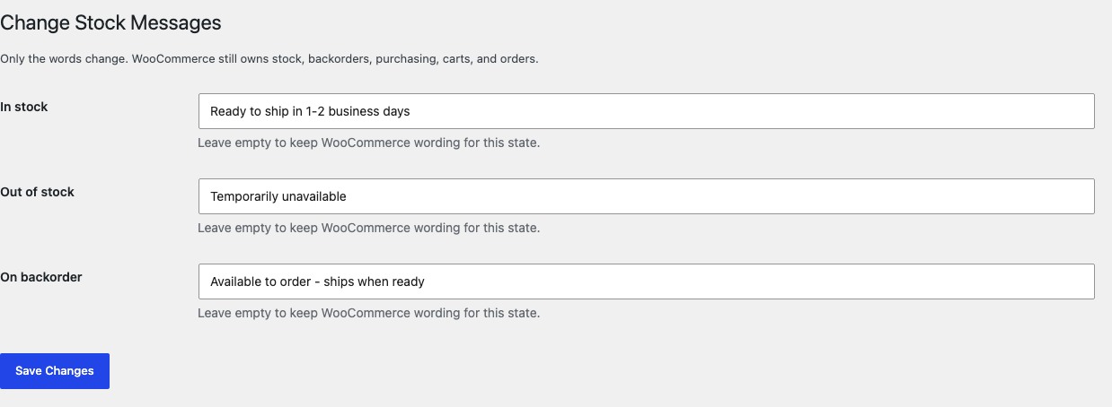 WooCommerce Stock Messages settings showing In stock, Out of stock, and On backorder wording