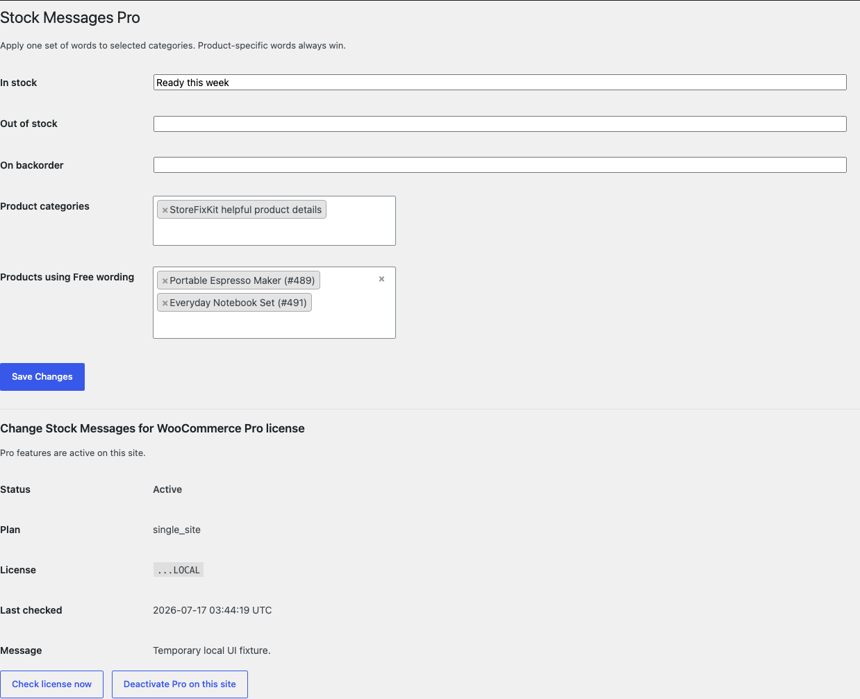 Stock Messages Pro settings showing category wording, categories, product exceptions, and license controls