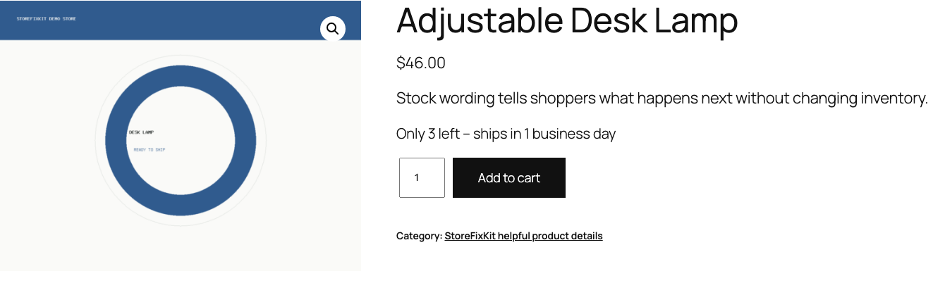 WooCommerce product page showing a custom Only 3 left and ships in one business day availability message