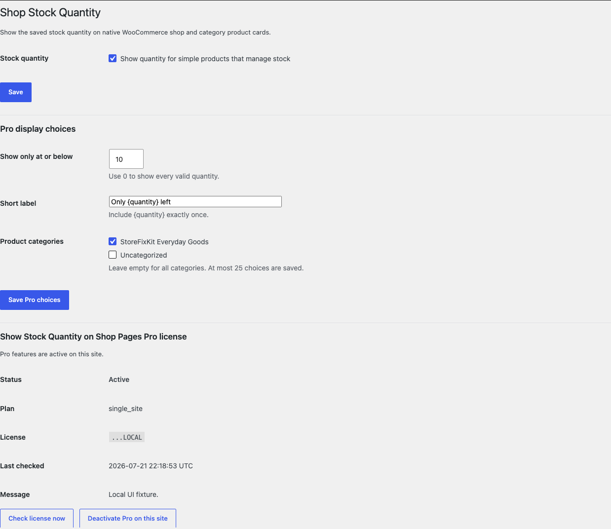 Shop Stock Quantity settings with the Free switch and Pro threshold, label, and category choices