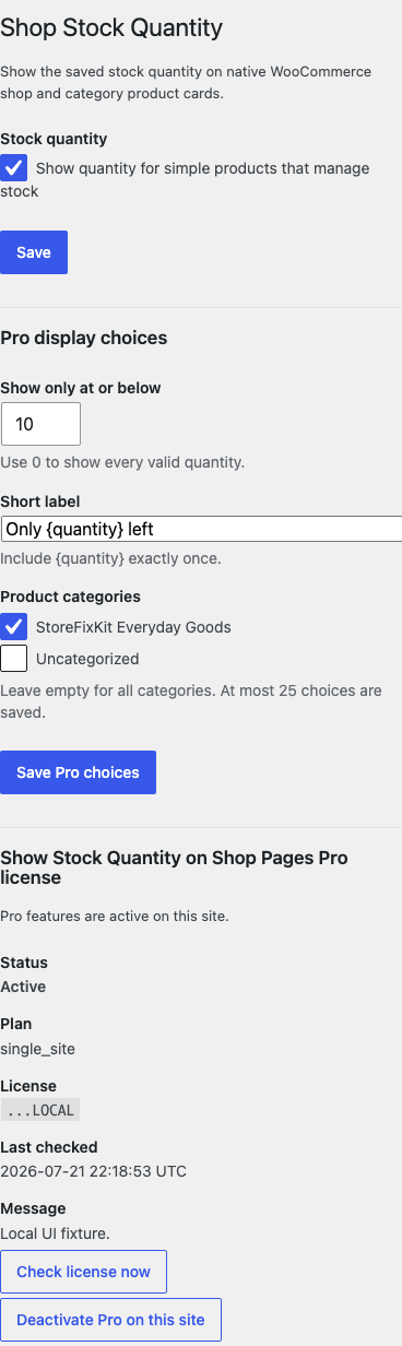 Shop Stock Quantity settings at a phone-width viewport