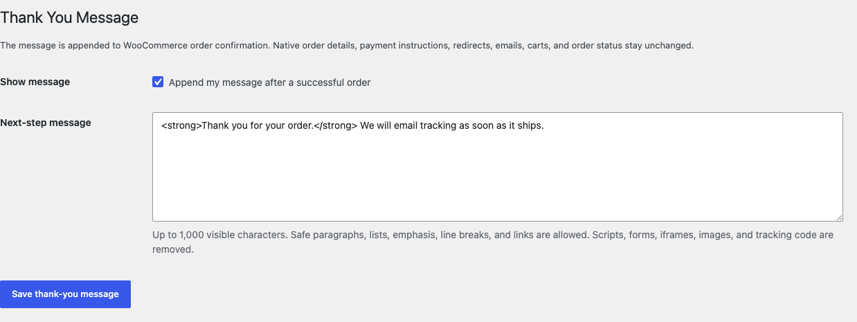 WooCommerce Thank You Message settings with one enabled checkbox and a next-step message field