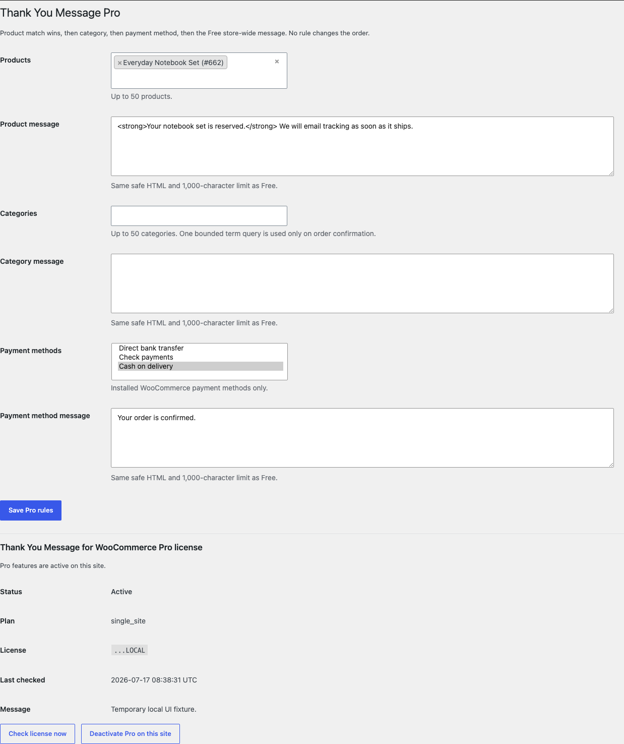 Thank You Message Pro settings with product, category, payment method rules, and active license status