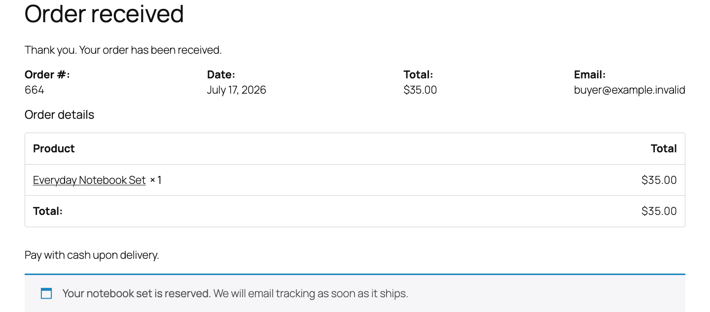 WooCommerce order confirmation showing a StoreFixKit next-step message below native order details