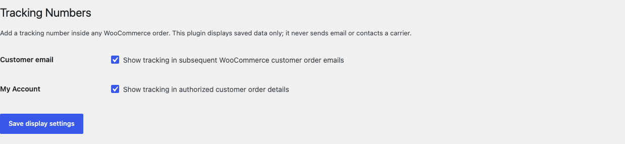 Tracking Numbers settings with customer email and My Account display options