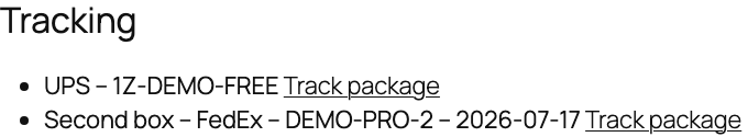 WooCommerce customer order details showing carrier, tracking number, and Track package link