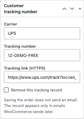WooCommerce order screen with carrier, tracking number, and HTTPS tracking link fields