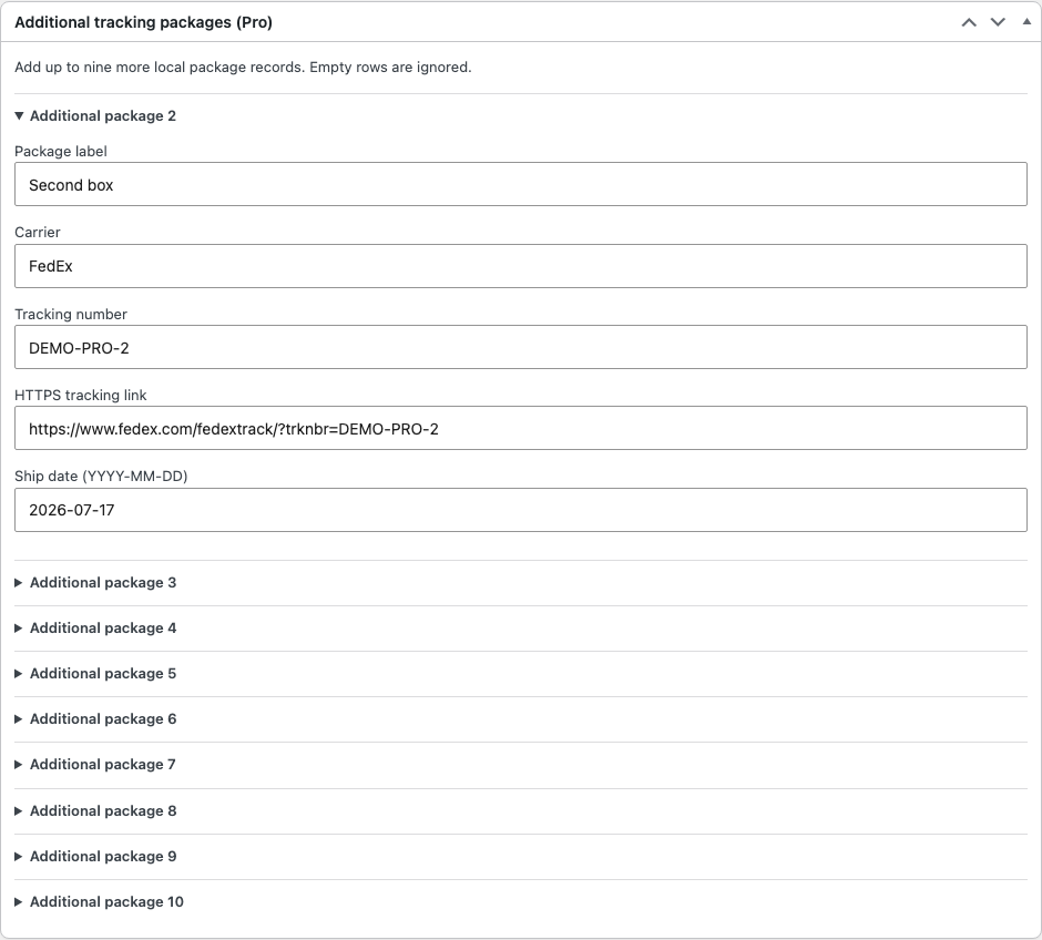 WooCommerce order screen with collapsed additional tracking package controls from Tracking Numbers Pro