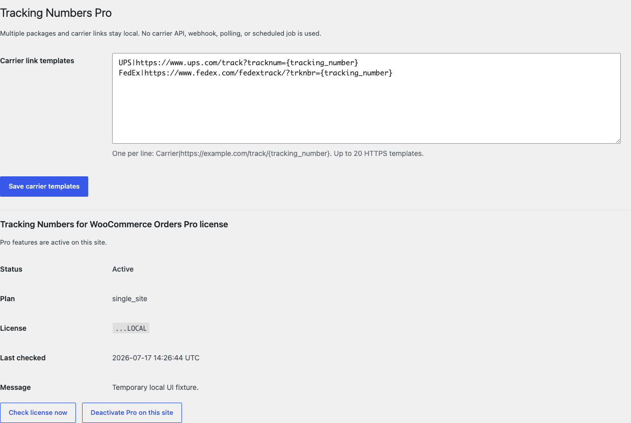 Tracking Numbers Pro settings with local carrier link templates and license controls