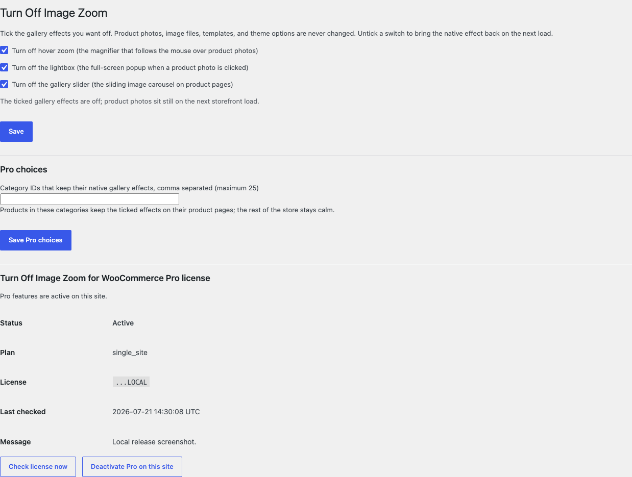 Turn Off Image Zoom settings with three switches for hover zoom, lightbox, and gallery slider