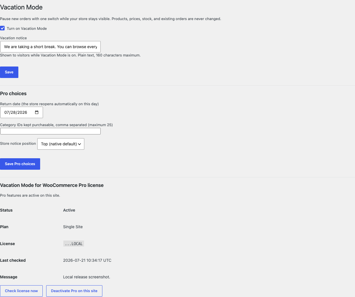 Vacation Mode settings with the switch on and a one-line vacation notice
