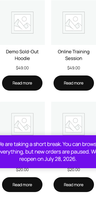 Mobile shop catalog with visible products and the vacation notice while new orders are paused