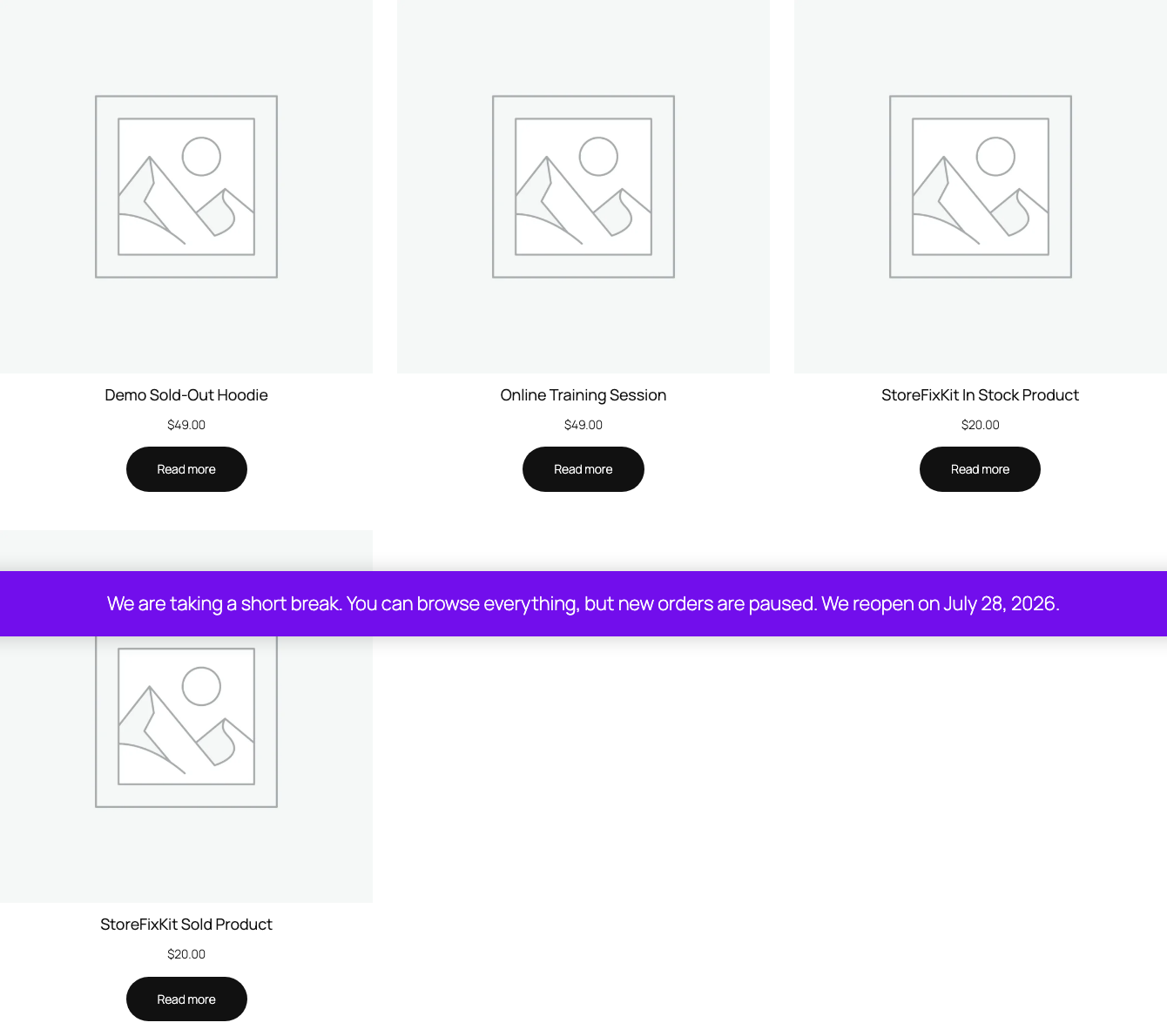 Shop catalog with visible products and prices showing Read more instead of purchase buttons under the vacation notice