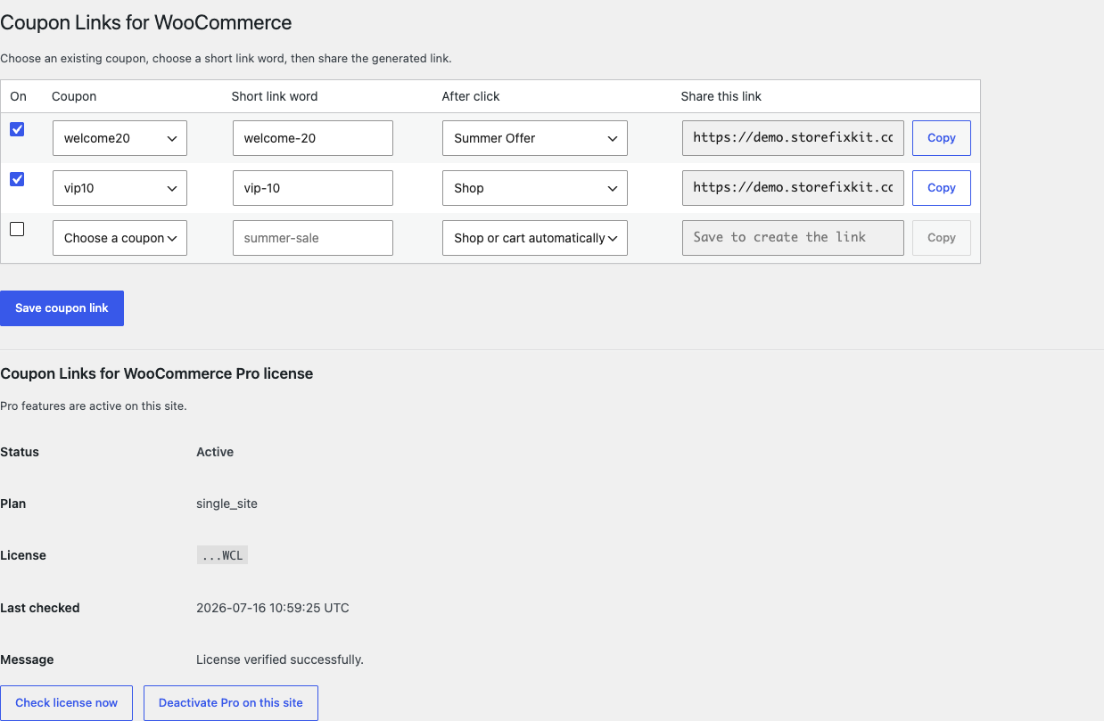 Coupon Links for WooCommerce settings with existing coupon and short word fields