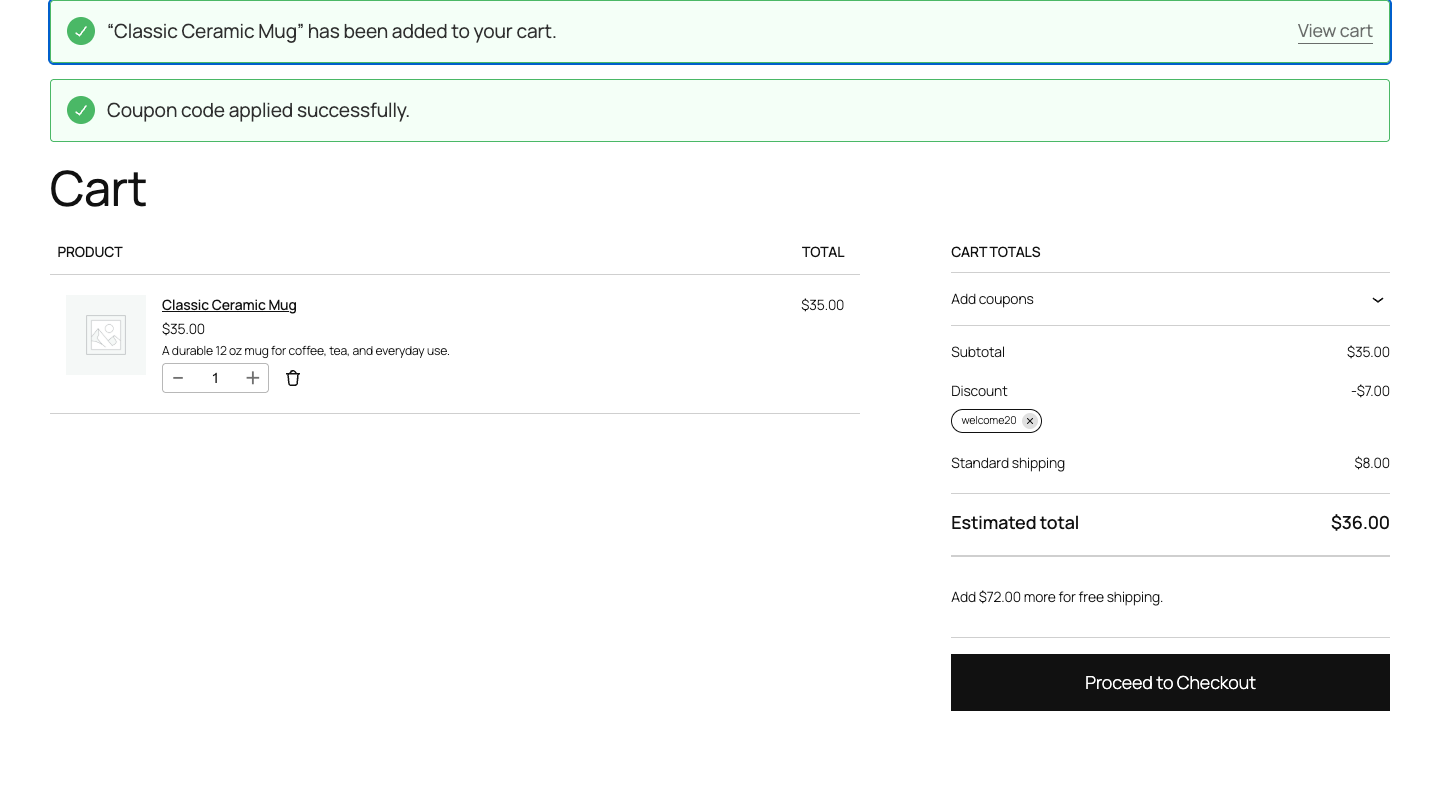 WooCommerce cart showing a native coupon applied from a StoreFixKit link