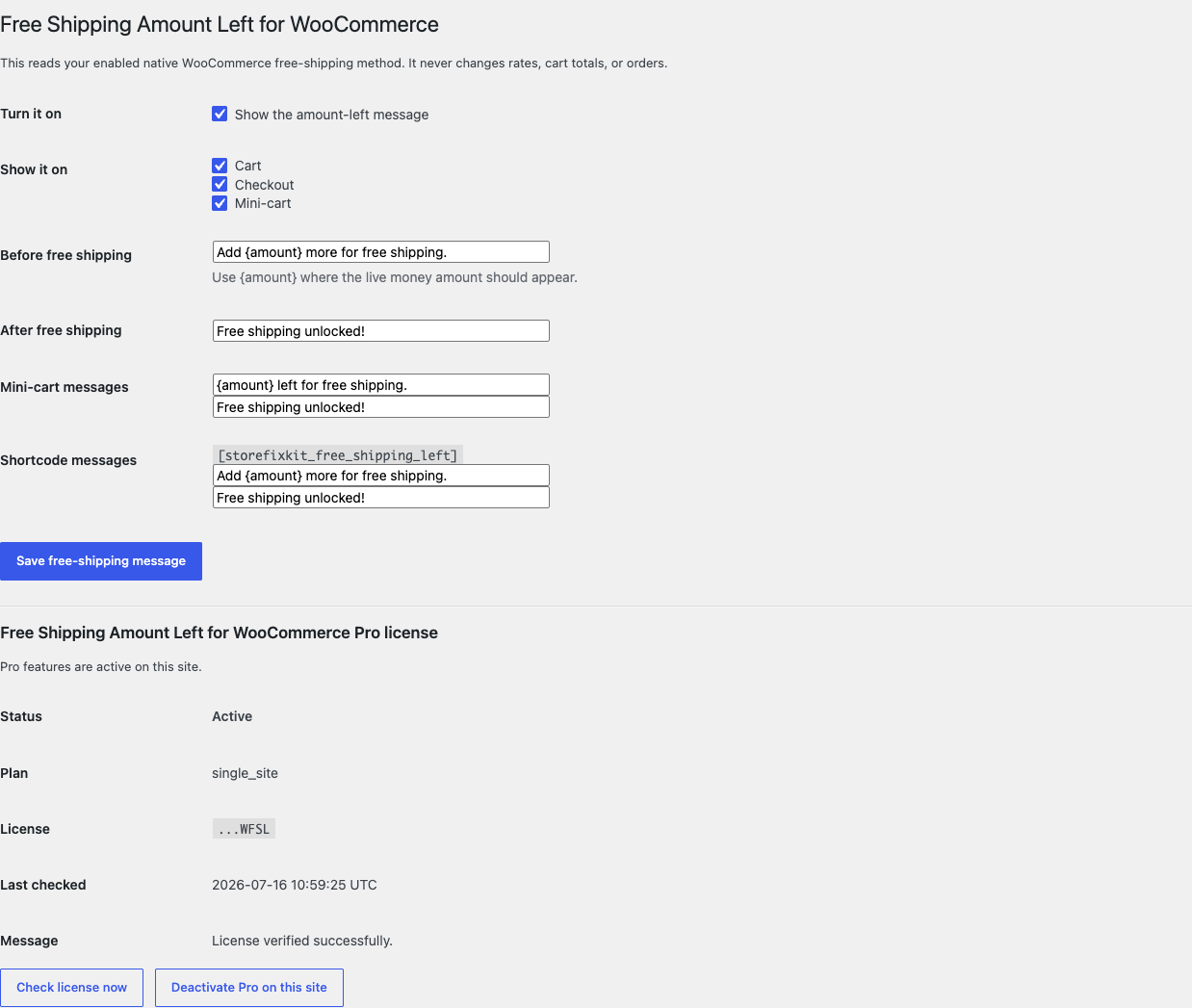 Free Shipping Amount Left settings with cart, checkout, and message controls