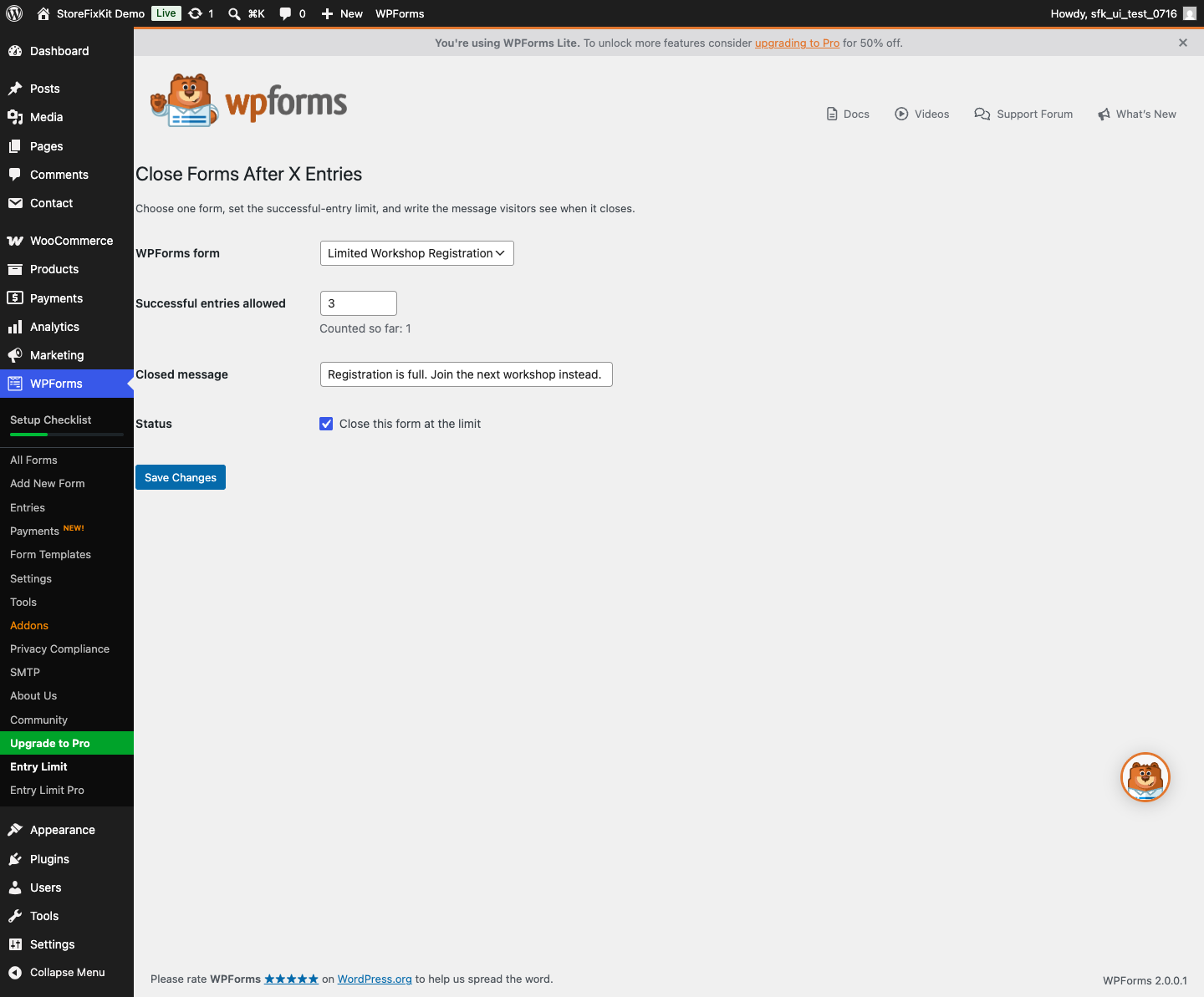 Close Forms After X Entries settings with a WPForms form selector, entry limit, and closed message