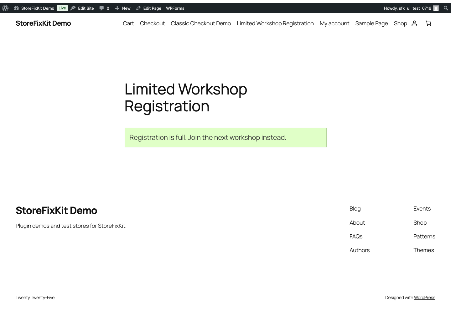 Published page showing the configured closed message after the WPForms entry limit